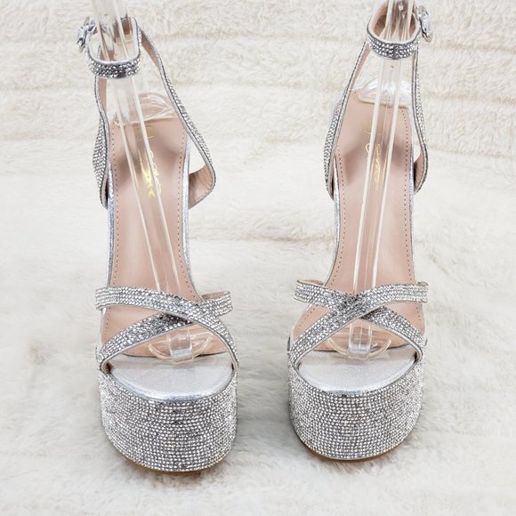 Bejeweled Pandora Silver Rhinestone Platform 6.5" Heels Defects - Picture 13 of 17